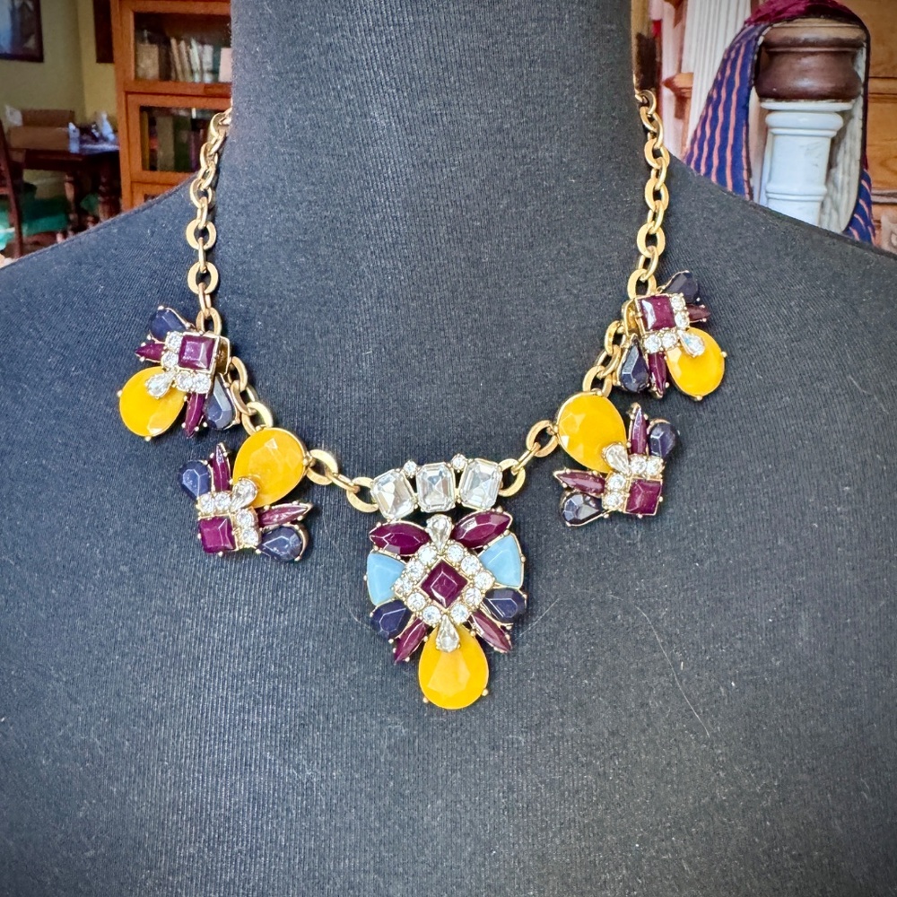 J. Crew Art Deco Statement Necklace Blue, Purple, Yellow, Rhinestone Gold Tone